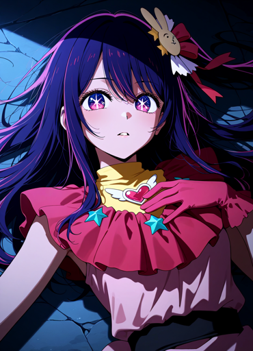 A young woman pink and blue eyes with six-pointed star-shaped pupils, long dark purple hair with pink highlights, and a neutral expression with a slightly parted mouth lying on her back on a cracked stone surface. She is wearing a pink ruffled dress with three cyan stars on the chest, a yellow neckpiece featuring a winged pink heart, pink gloves, and a bunny-shaped hair clip with red and white ribbons. 