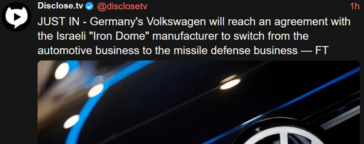 Germany's Volkswagen will reach an agreement with the Israeli "Iron Dome" manufacturer to switch from the automotive business to the missile defense business 
