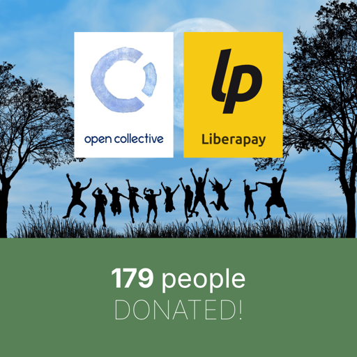 At the top, people jumping up together, and logos for Open Collective and LiberaPay. Below, text “179 people donated!”