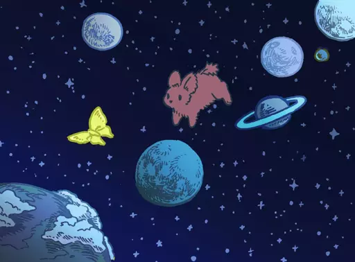 A bunny hops across a set of bluish, miniature planets. They are positioned in space. The bunny is chasing a yellowish-green moth