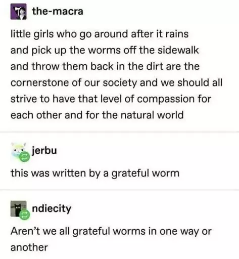 Post: "little girls who go around after it rains arg pick up the worms off the sidewalk and throw them back in the dirt are the cornerstone of our society and we should all strive to have that level of compassion for each other and for the natural world". Reply: "this was written by a grateful worm". Reply: "Aren't we all grateful worms in one way or another"