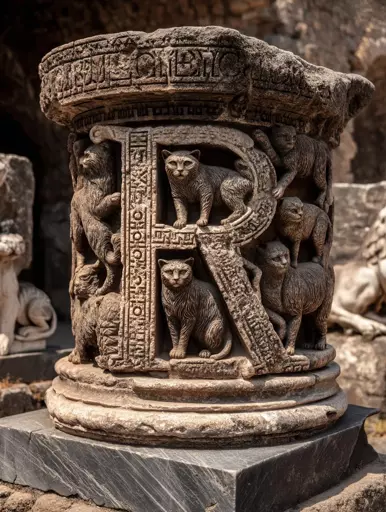 A pillar engraved with cats, the letter R is prominently featured in it's center. 
