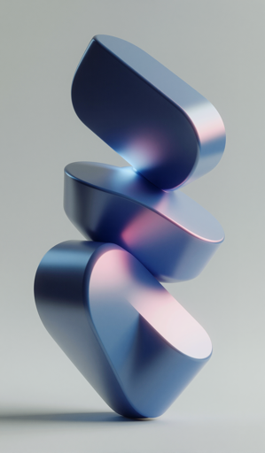 Three smooth metallic forms stacked vertically in a narrow balance, each with rounded asymmetrical curves and a glossy surface shifting between blue and pink under soft, even lighting against a plain gray background.