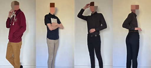 four panel timeline of a "boys" outfits. 1, he wears a big hoodie and regular fit khakis. 2, a short sleved shirt and slim fit chinos. 3, slimmer tucked in shirt and same pants. 4, same shirt tucked into a womens pair of dress pants.