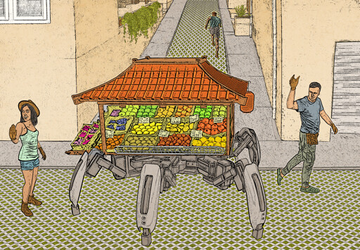 The image is a line art photobash of two people escorting a hexapod robotic fruit stand with a tile roof along a street surfaced in permeable pavers. In the background a man is escaping up a steep, narrow street they've accidentally blocked.