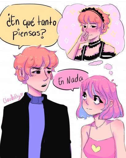 er boyfriend wearing a maid uniform and a flustered expression.A man asks his girlfriend, “What are you thinking about?” She responds, “Nothing,” but is actually imagining h