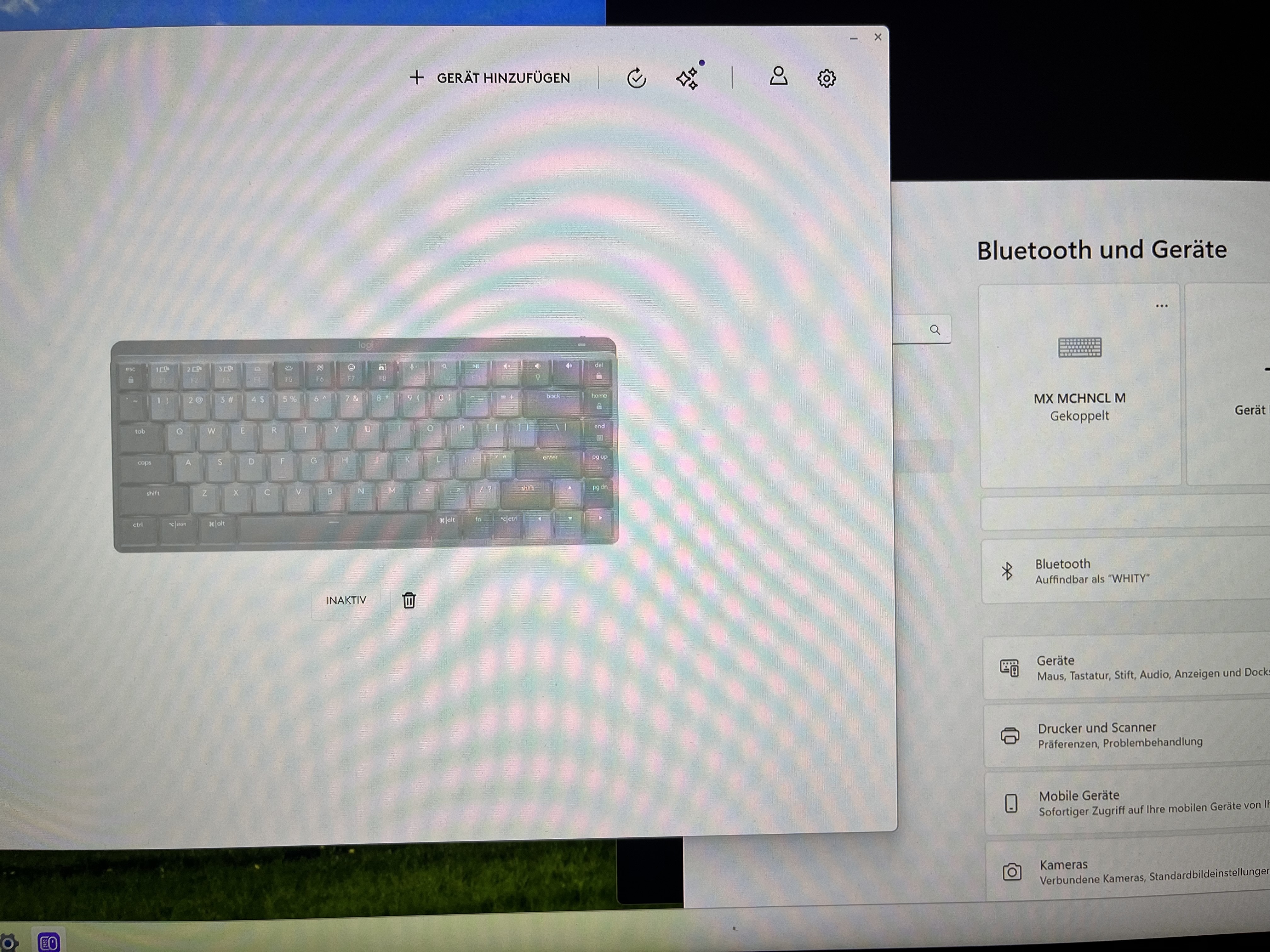 Photo screen. In the right-hand window, the keyboard is set to inactive in the Logitech software. The keyboard is shown as paired in the right-hand window