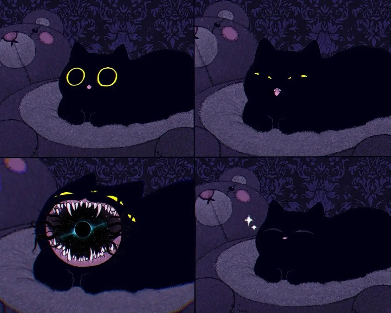 4 panel comic featuring a black cat. In the 1st panel its eyes are open wide and its tongue is sticking out a bit. In the 2nd panel its eyes have started narrowing and mouth opening a bit. In the 3rd panel its mouth is agape, revealing a mouthful of monstrous teeth with black tentacles curling out of what looks like a black hole in the depths of its mouth, and it now has 4 eyes around its gaping maw. In the 4th panel it looks like a normal kitty again, eyes closed and looking contented