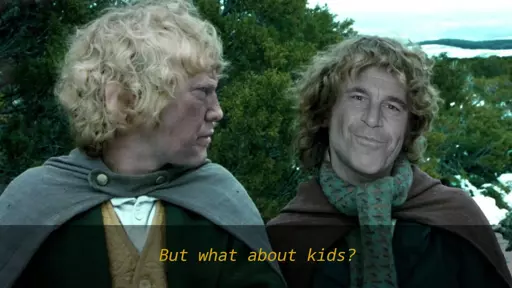 The scene from the Lord of the Rings movie when hobbits nudge Aragorn to sit for a second breakfast, but their faces are replaced with the likeness of Trump and Epstein