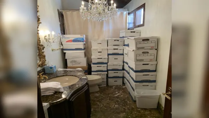 Boxes of confidential documents in a bathroom at Mar a Lago