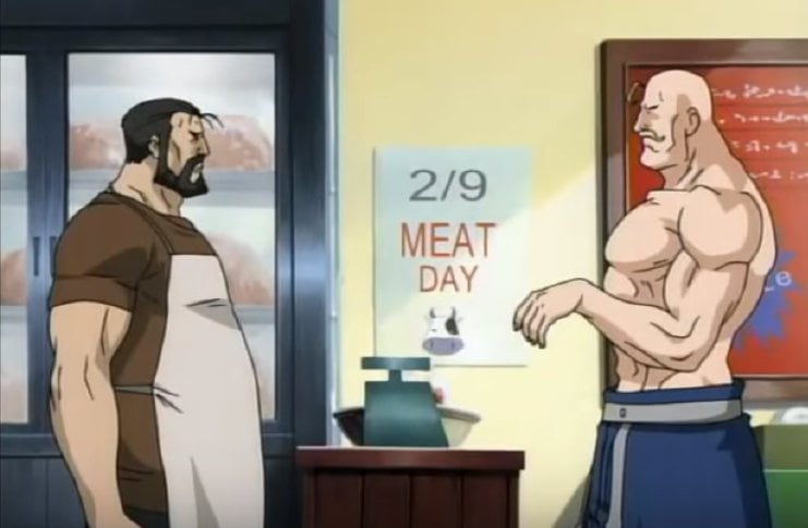 The meatiest bros who have ever existed, observing Meat Day, 2/9. In the fridge behind the Left Meat Boy, there are blurred out cuts of animal meat. Please do not look at them if you are not a Meat Day Celebrant.