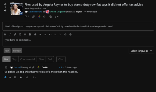 A Guardian headline that reads "https://www.theguardian.com/politics/2025/sep/04/angela-rayner-used-family-conveyancing-firm-to-buy-tax-row-flat" and a comment that reads "I’ve picked up dog shits that were less of a mess than this headline."