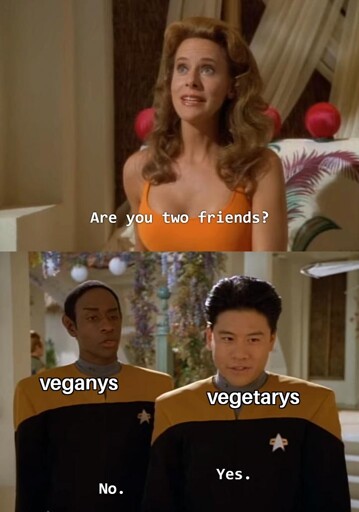 "Are you two friends?" Veganys: "No." Vegetarys: "Yes.'