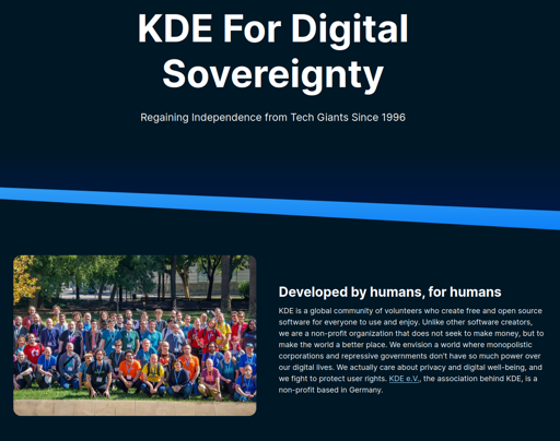 Screenshot of the top of the "KDE for Digital Sovereignty" page, showing the first section entitled "Developed by humans for humans"