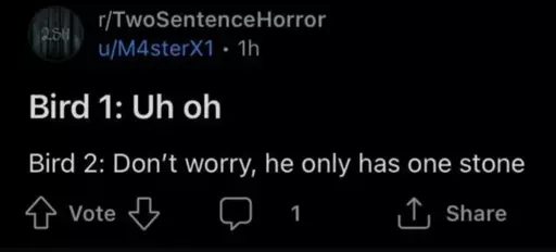 Screenshot of a post from r/TwoSentenceHorror; Bird 1: Uh oh. Bird 2: Don't worry, he only has one stone