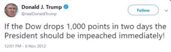 Donald J. Trump tweet from 6 November 2012: &quot;If the Dow drops 1,000 points in two days,  the President should be impeached immediately!&quot;