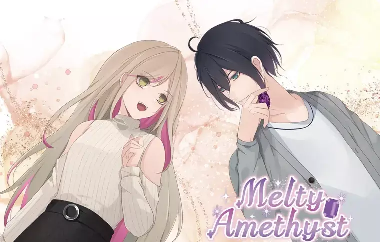 Melty Amethyst Key Visual showing the protagonist Hotaru and her love interest Nao, smiling at each other. Nao has an amethyst jewel in his hand.