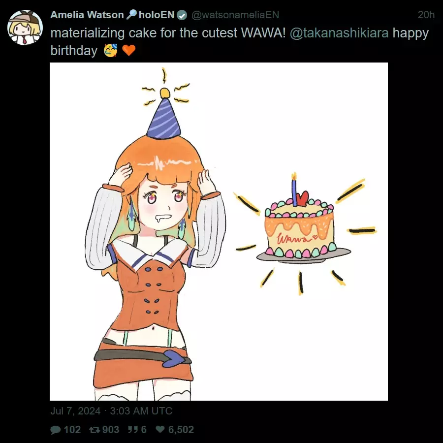 @watsonameliaEN: "materializing cake for the cutest WAWA! @takanashikiara happy birthday 🥳🧡". A drawn image of Kiara next to a birthday cake.