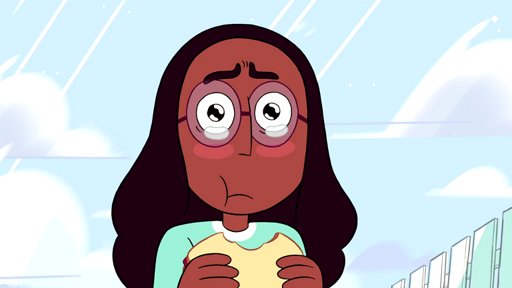 Connie from Steven Universe tearing up while eating a sandwich