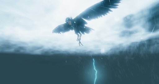 large black bird carrying a human with its claws, through the stormy lightning-filled skies