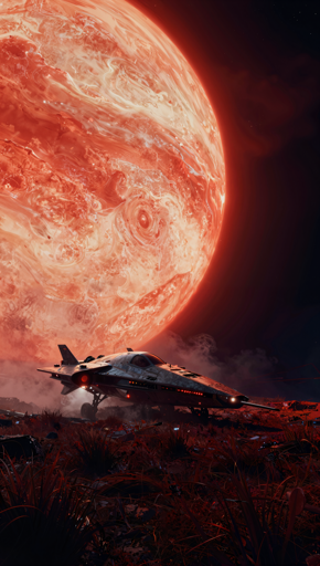A sleek spacecraft resting on uneven ground covered in reddish vegetation and scattered debris. A massive red‑orange planet fills most of the sky above, with swirling cloud patterns and large storm‑like features clearly visible. 
