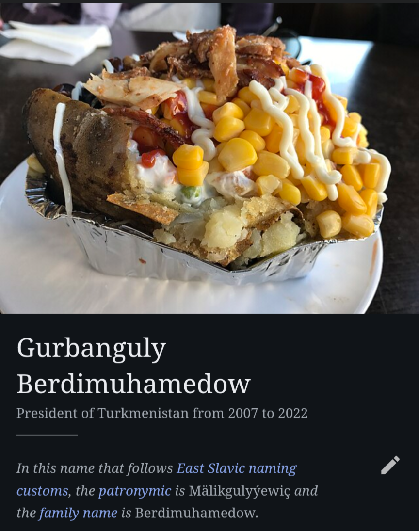 Screenshot of the Wikipedia page for Gurbanguly Berdimuhamedow, showing a picture of Kumpir