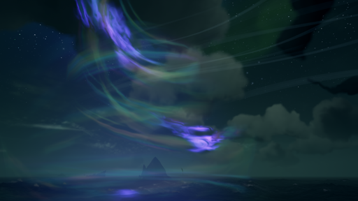 Un tourbillon de lumières, bleu, verte et violette, s'élève de l'océan vers un ciel nocturne.