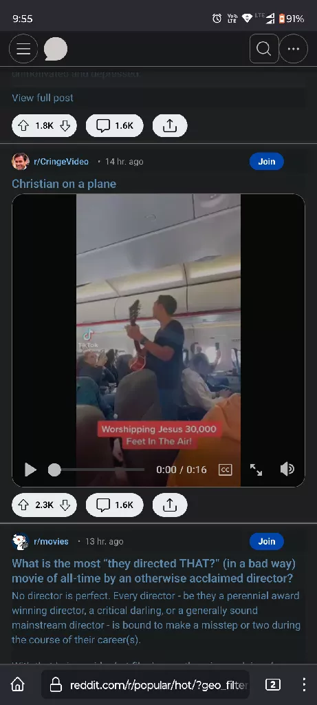 screenshot of r/all. post titled &quot;Christian on a plane&quot;