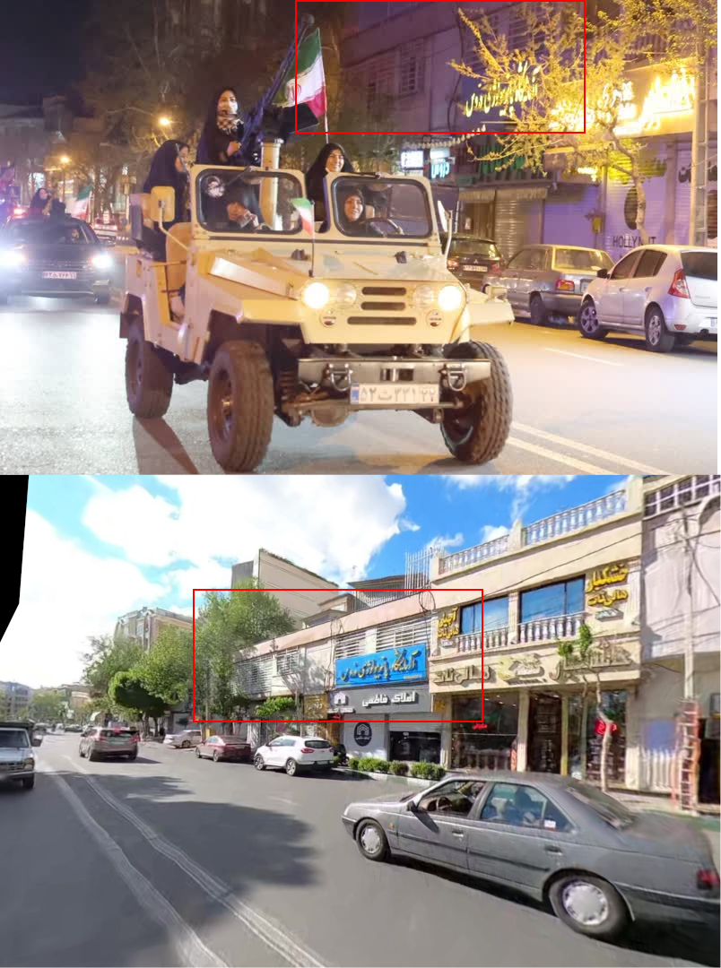 Side-by-side showing another angle of the women in the Jeep and a Google Street View image, with similar-looking window shutters highlighted in both.