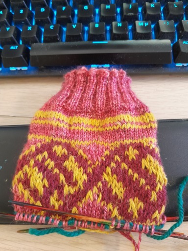 une jambe de chaussettes en cours de tricot, de couleur rouge clair ou rose foncé. Un motif de dragon stylisés couleur rouge et or dessu. Le motif est très géométrique et se répète autour de la jambe.