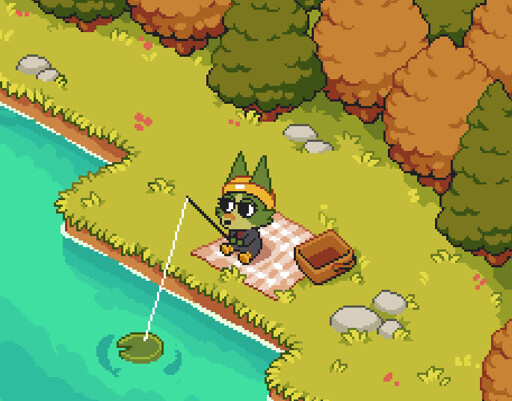 pixel art of a green wolf / dog character sitting on a pink gingham picnic blanket. a picnic basket sits next to them. the blanket is laid on the grass and the character is fishing in green-blue water where a couple of fish silhouettes can be seen circling the lure (which looks like a lily pad). behind the character are trees of green and orange indicating an autumnal scene