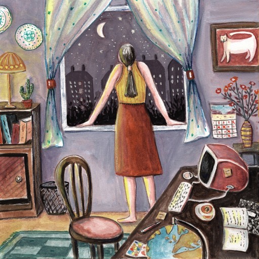 A woman is looking outside her window at night in her apartment