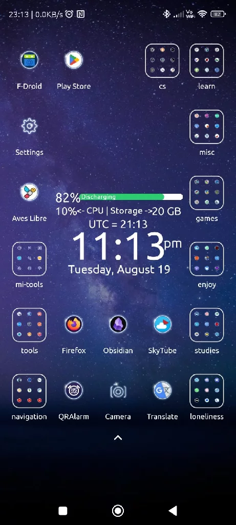 home screen with purple stars background and multiple folders