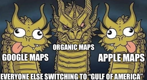 Serious dragon “Organic Maps” between 2 silly ones “Google Maps” “Apple Maps”