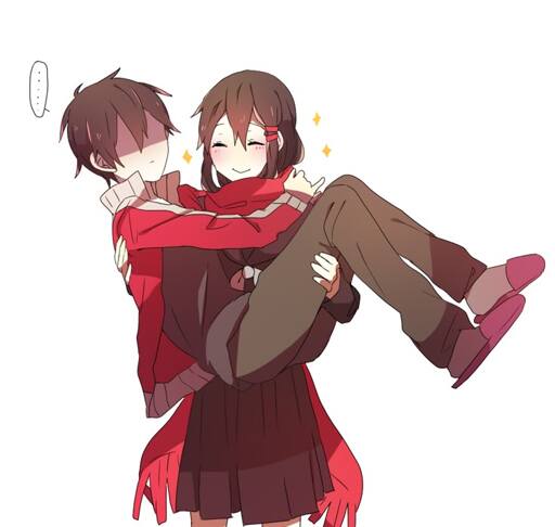 Ayano, smiling and blushing slightly, bridal carries a silent and enigmatic Shintaro.