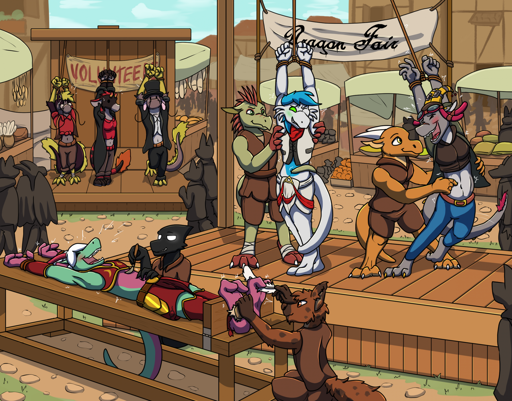 Furry artwork of many anthropomorphic dragons in a outside setting. A banner reads "Dragon Fair". Some of the dragons are on stage getting tickled by others while some wait for their turn in the background under a banner that says "VOLUNTEER"