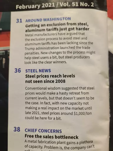 Table of contents in a manufacturing magazine from Feb '21 show largely the same concerns as those of Mar '25.