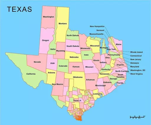 Map of America crammed into Texas shape, heavily distorted.