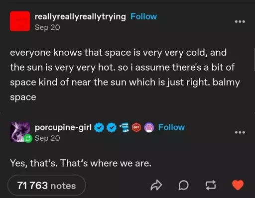 reallyreallyreallytrying on Tumblr "everyone knows that space is very cold, and the sun is very very hot. so i assume there's a bit of space kind of near the sun which is just right. balmy space". porcupine-girl replies "Yes, that's. That's where we are."