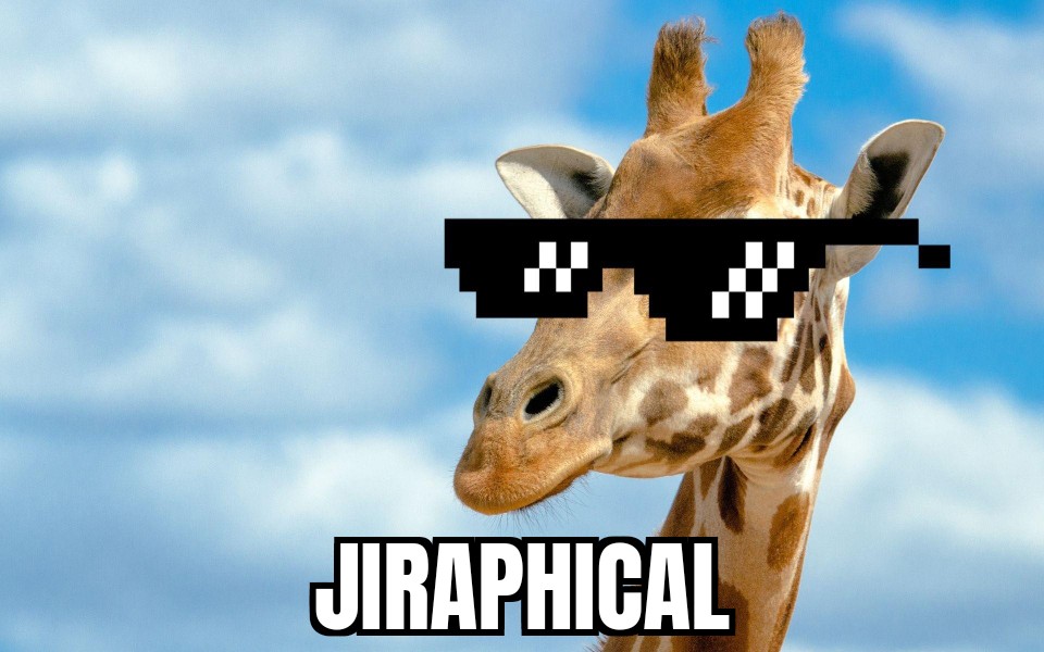 giraffe wearing comic sunglasses with the text jiraphical