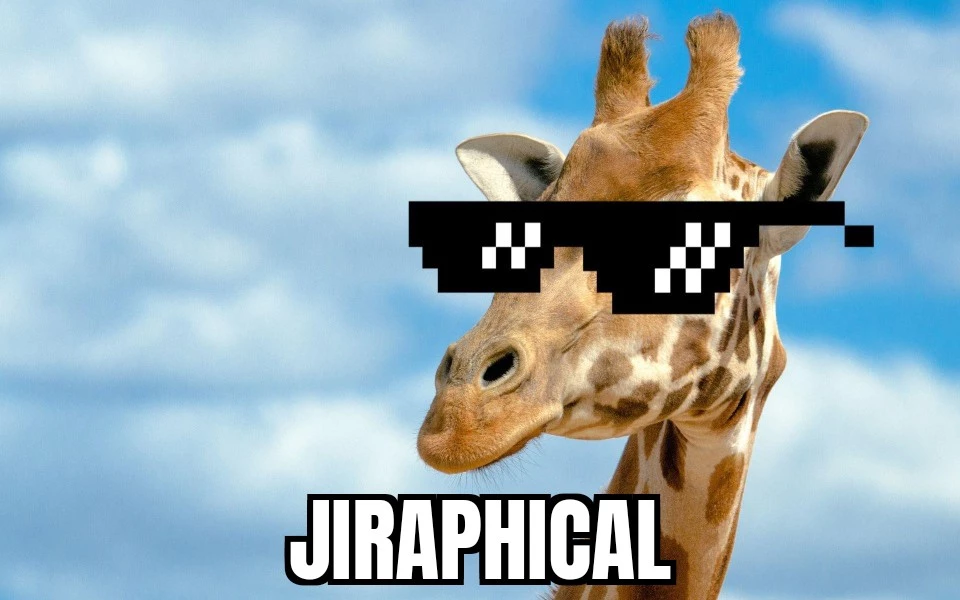 giraffe wearing comic sunglasses with the text jiraphical