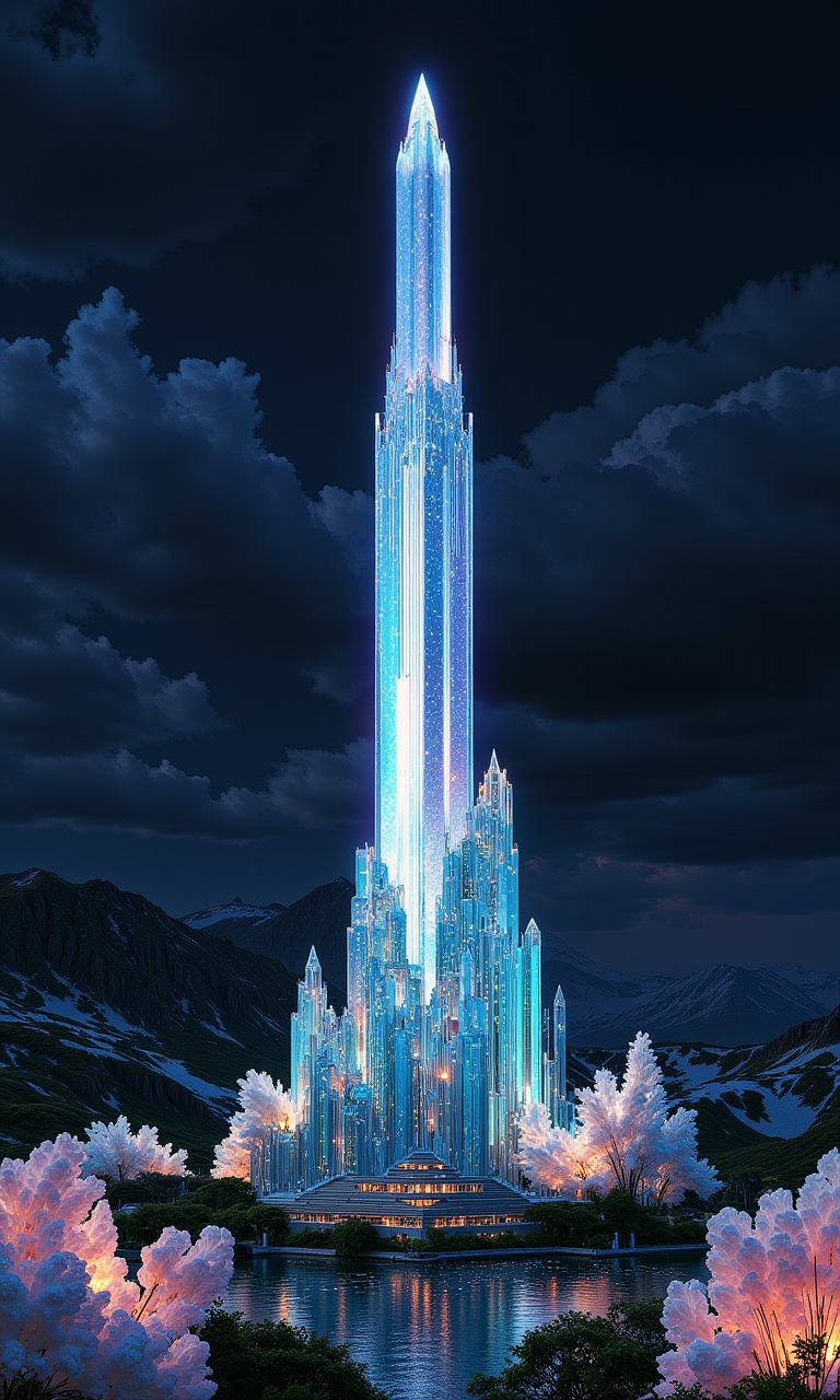 A towering crystal spire rising majestically into the night sky, emitting a faint blue glow. The spire is surrounded by smaller crystalline structures, and it's base features a building with four stories of windows glowing with orange light. This scene is set against a backdrop of darkened mountains under a night sky. At the base of the spire, there appears to be a body of water flanked by trees with white foliage that also seem to glow a faint orange.