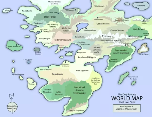 "The Only Fantasy World Map You'll Ever Need" - a map with some extremely generic countries, such as "Alien Egyptians", "Venice/Casablanca", "Norseheim" and so forth.