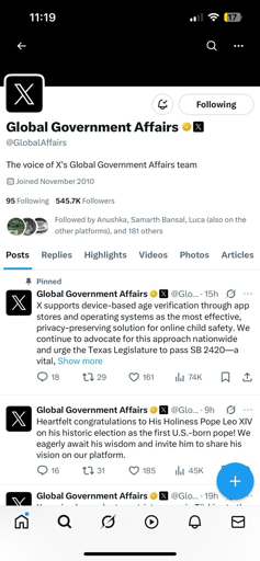 A picture of Twitter's Global Affairs account page on Twitter iOS app