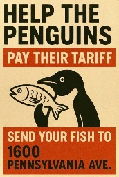 A cartoon image of a penguin holding a fish.  Text reads: Help the penguins pay their tariff.  Send your fish to 1600 Pennsylvania Ave.