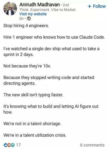 LinkedIn post that says 1 engineer with Claude code is better than 4, so one should not hire 4 engineers.