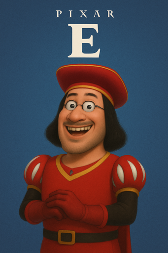 Movie poster for a movie called 'E' with a rendering of Lord Farquaad with Markiplier's face (meme reference).
