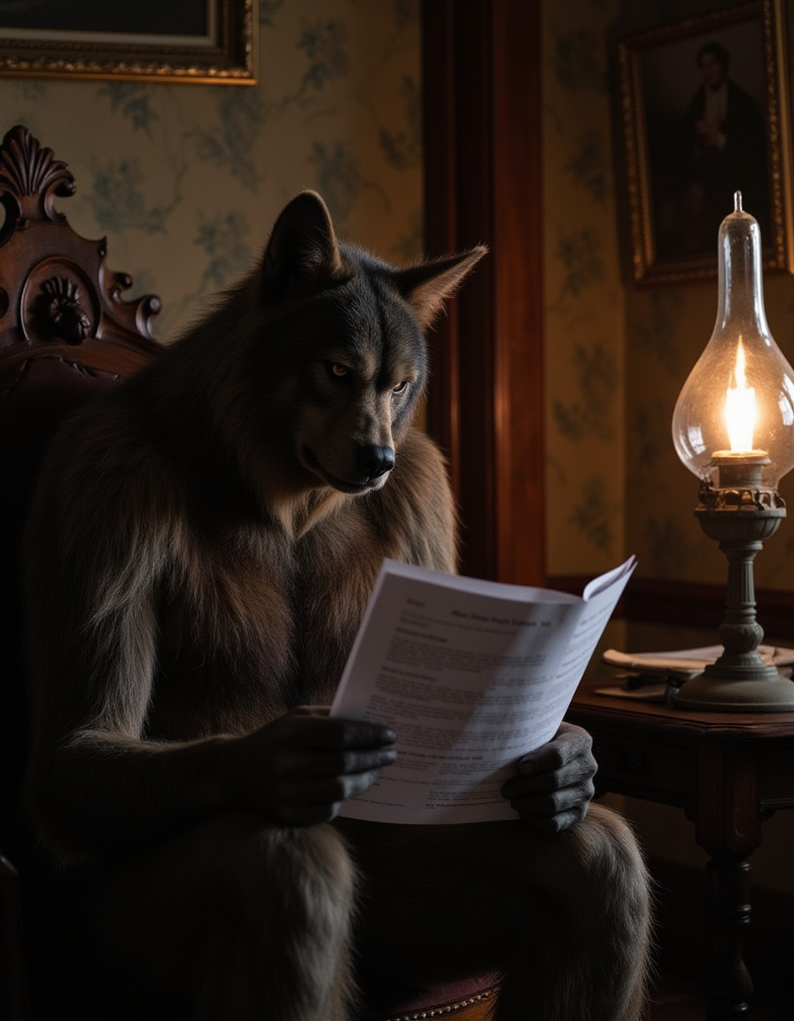 A large wolf-like creature with brown fur seated at an ornate wooden chair in a dimly lit room. The creature is holding and intently reading a white paper document with visible text, illuminated by the glow of an oil lamp on a side table nearby. The setting includes vintage wallpaper and a framed portrait hanging on the wall, contributing to the antique ambiance of the scene.