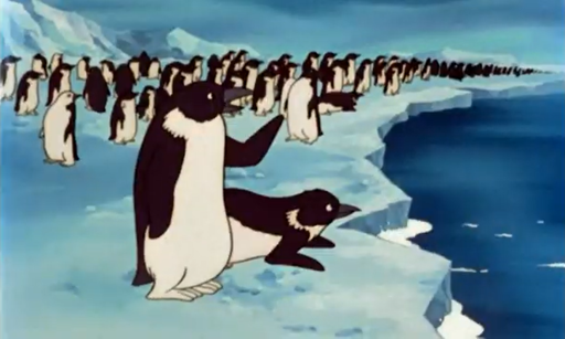 Screencap from "Once Upon a Time... Man": a group of gentoo penguins on an iceberg waving to Francis Drake's ship (off-screen)