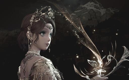 A side shot of Nikki's face, with a destroyed castle in the background. The castle is half covered by a flying light butterfly. Nikki is wearing the yellow outfit with the birds from version 1.7. She looks like a princess, with snake eyes from the Tide of tears outfit.
